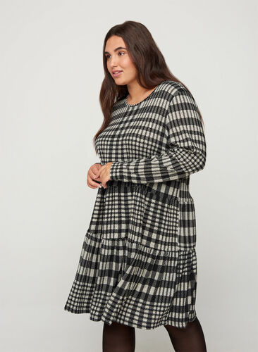 Checkered dress with a A-line cut and long sleeves, Check, Model image number 0