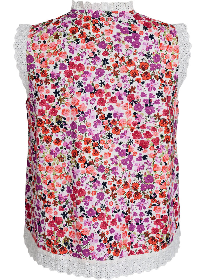 Sleeveless cotton blouse with floral print and broderie anglaise, Pink, Packshot image number 1