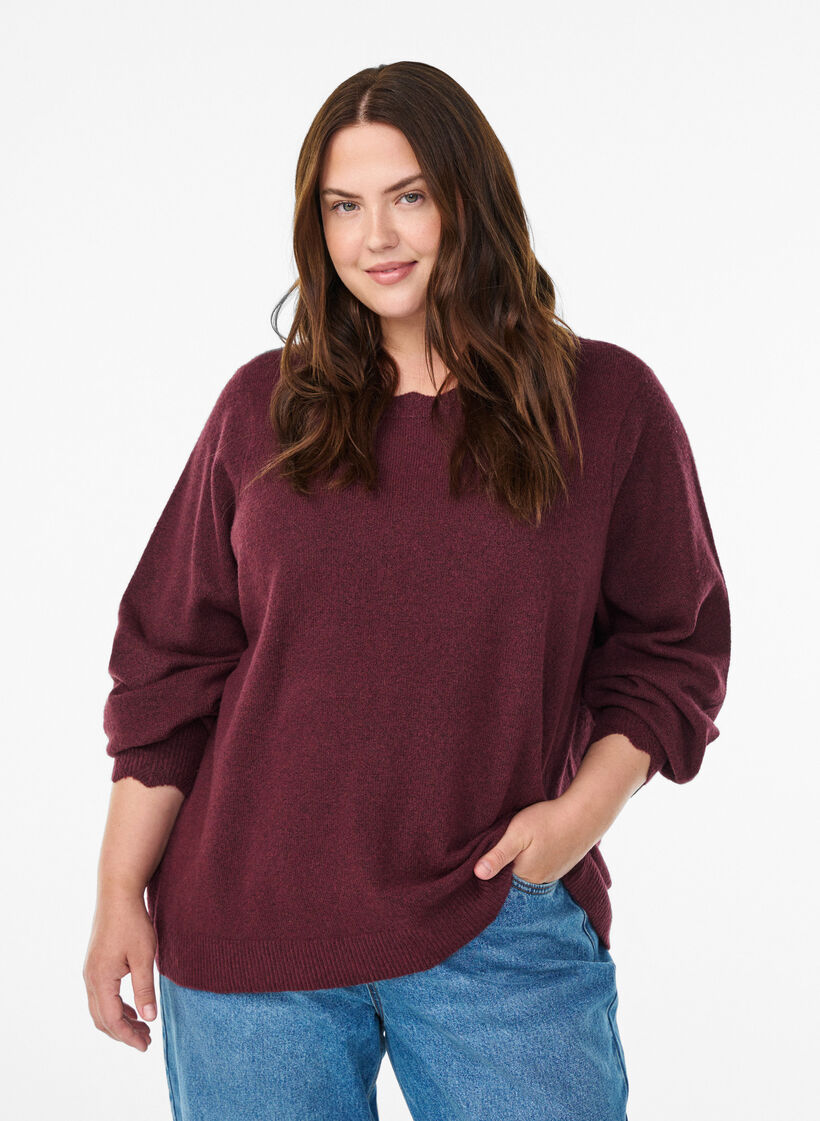 Knitted blouse with wavy edges, Dark Bordeaux, Model image number 0