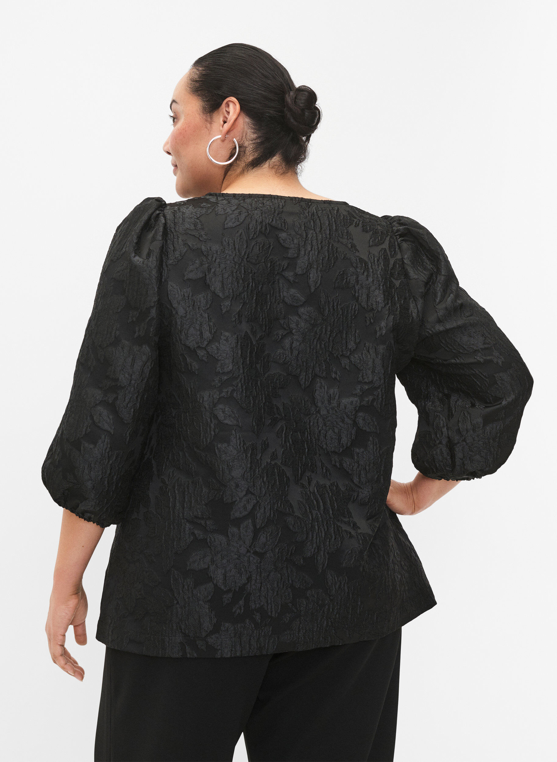 Zizzifashion Jacquard blouse with 3/4 sleeves, Black, Model image number 1