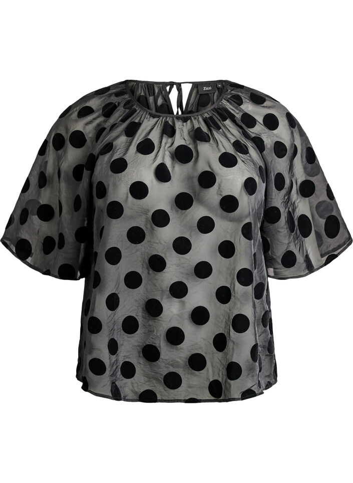 Party blouse in organza-look with velvet dots, Black, Packshot image number 0
