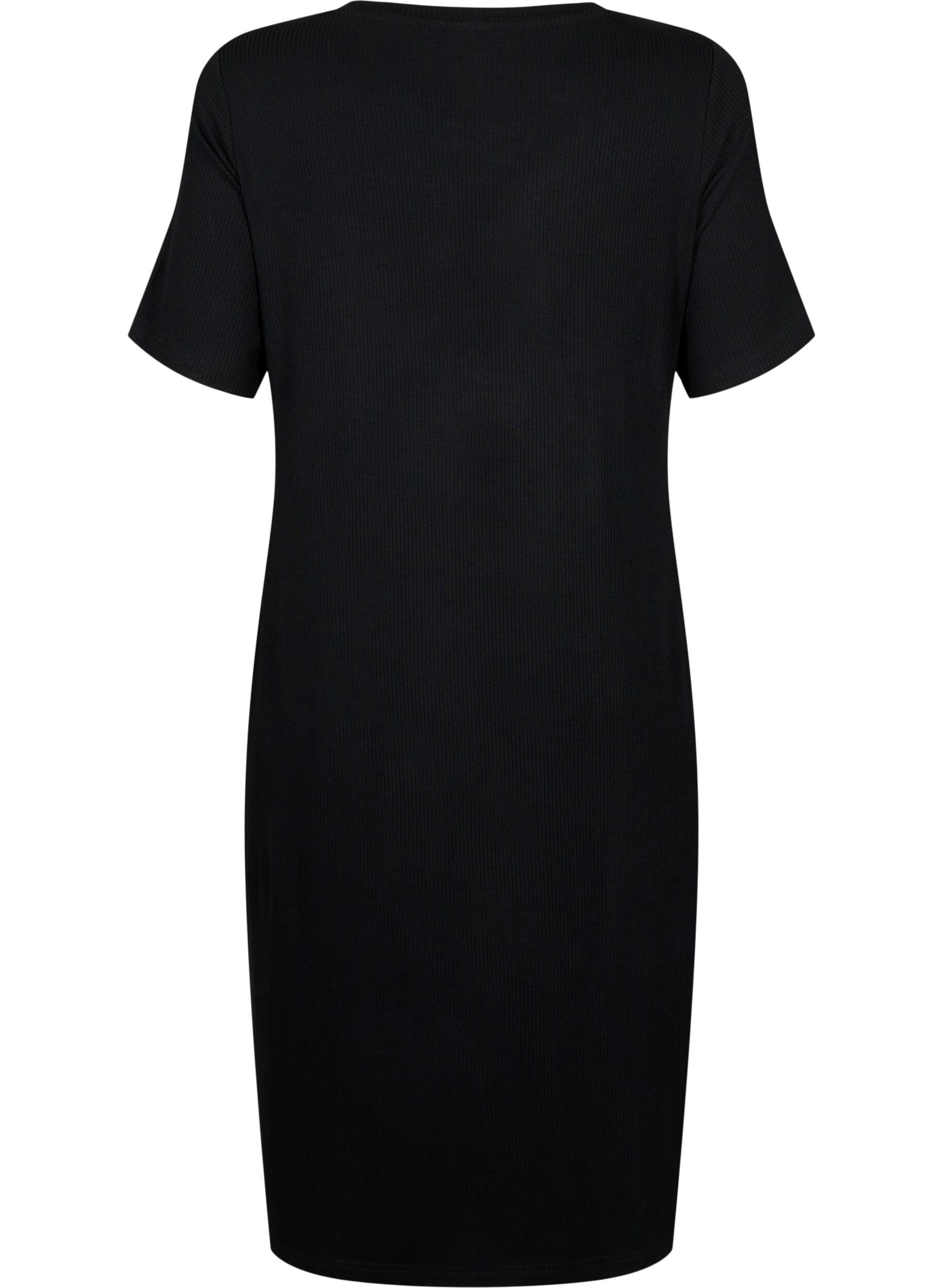 Zizzifashion Viscose rib midi dress with short sleeves, Black, Packshot image number 1
