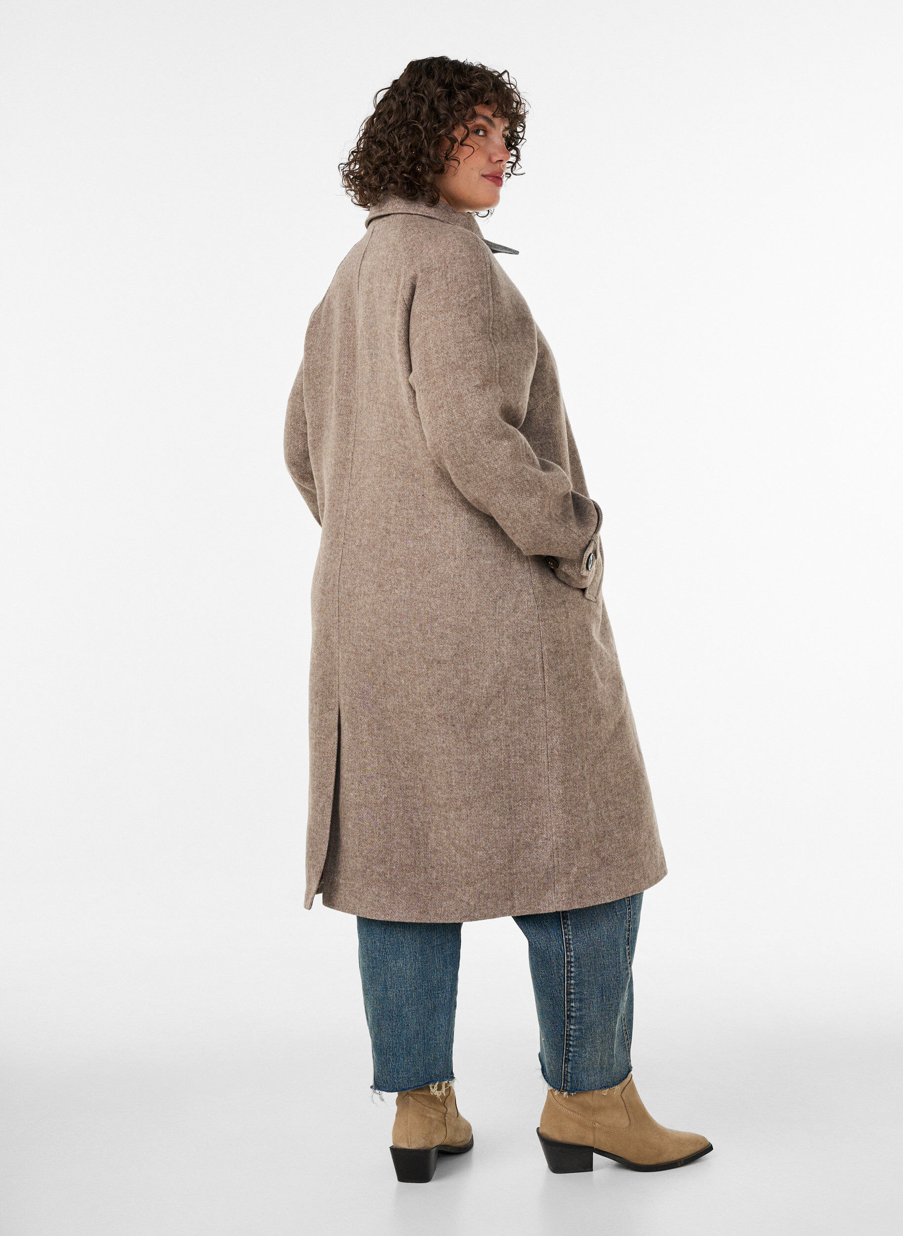 ZizzifashionLong wool coat with a high collar and double-breasted design, Brown, Model image number 2
