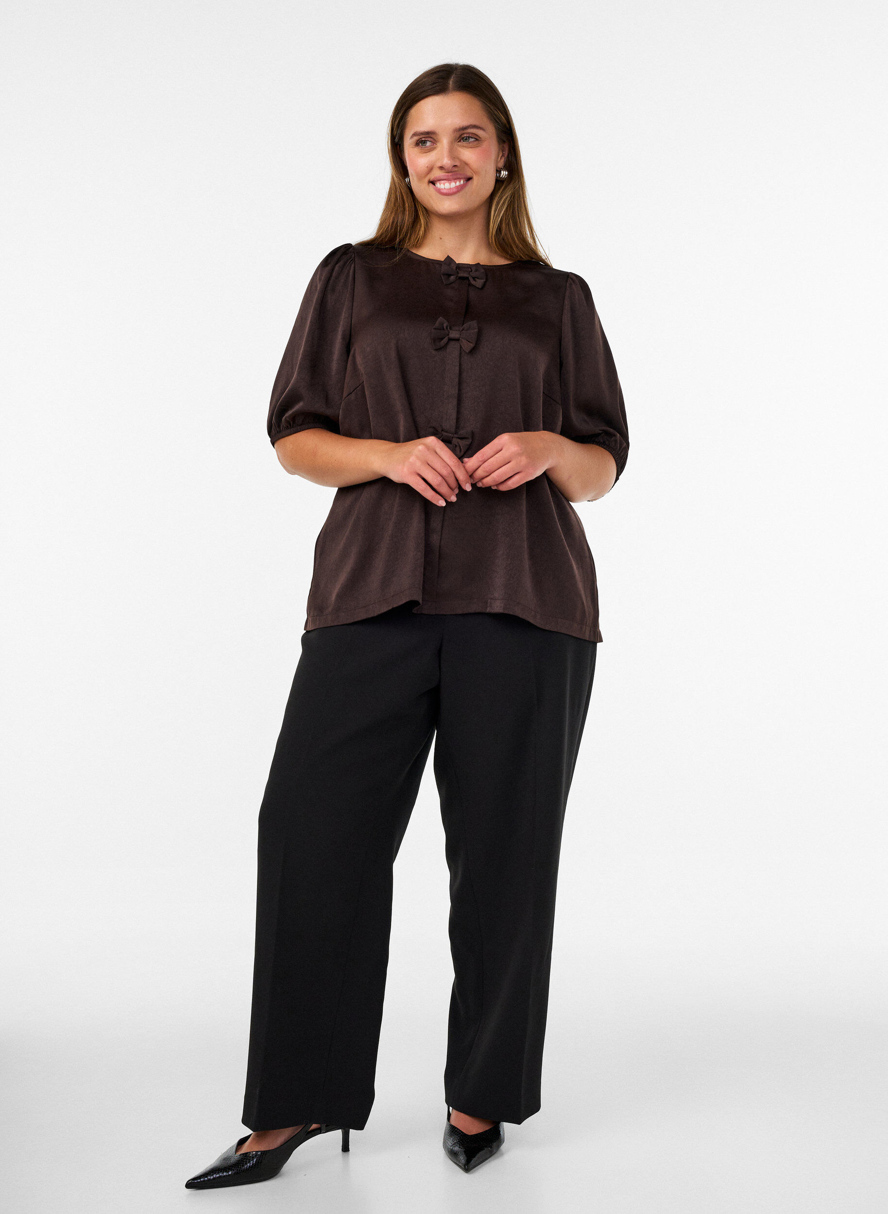 ZizzifashionSatin blouse with bows and elbow-length sleeves, Brown, Model image number 1