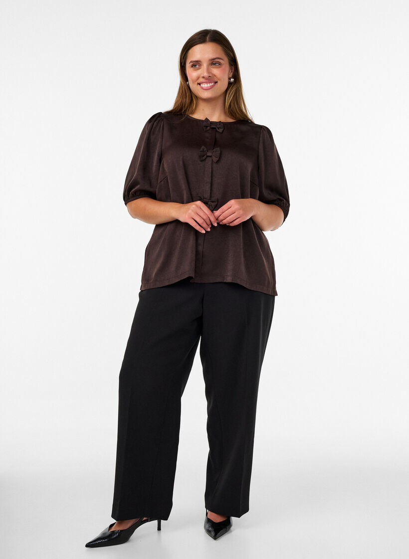 Satin blouse with bows and elbow-length sleeves, Brown, Model image number 1