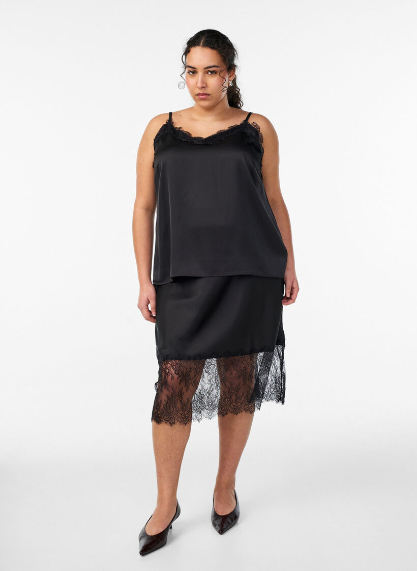 Satin strap top with lace, Black, Model image number 1