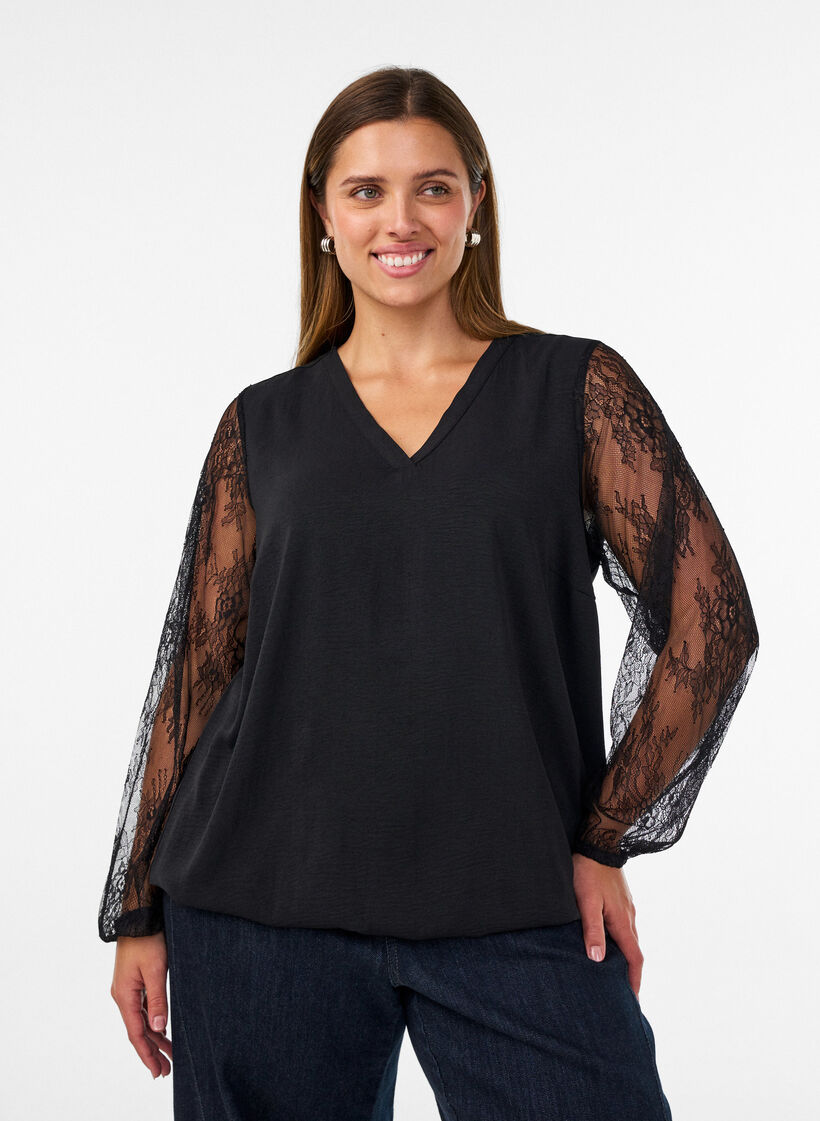 Blouse with lace sleeves and balloon shape, Black, Model image number 0