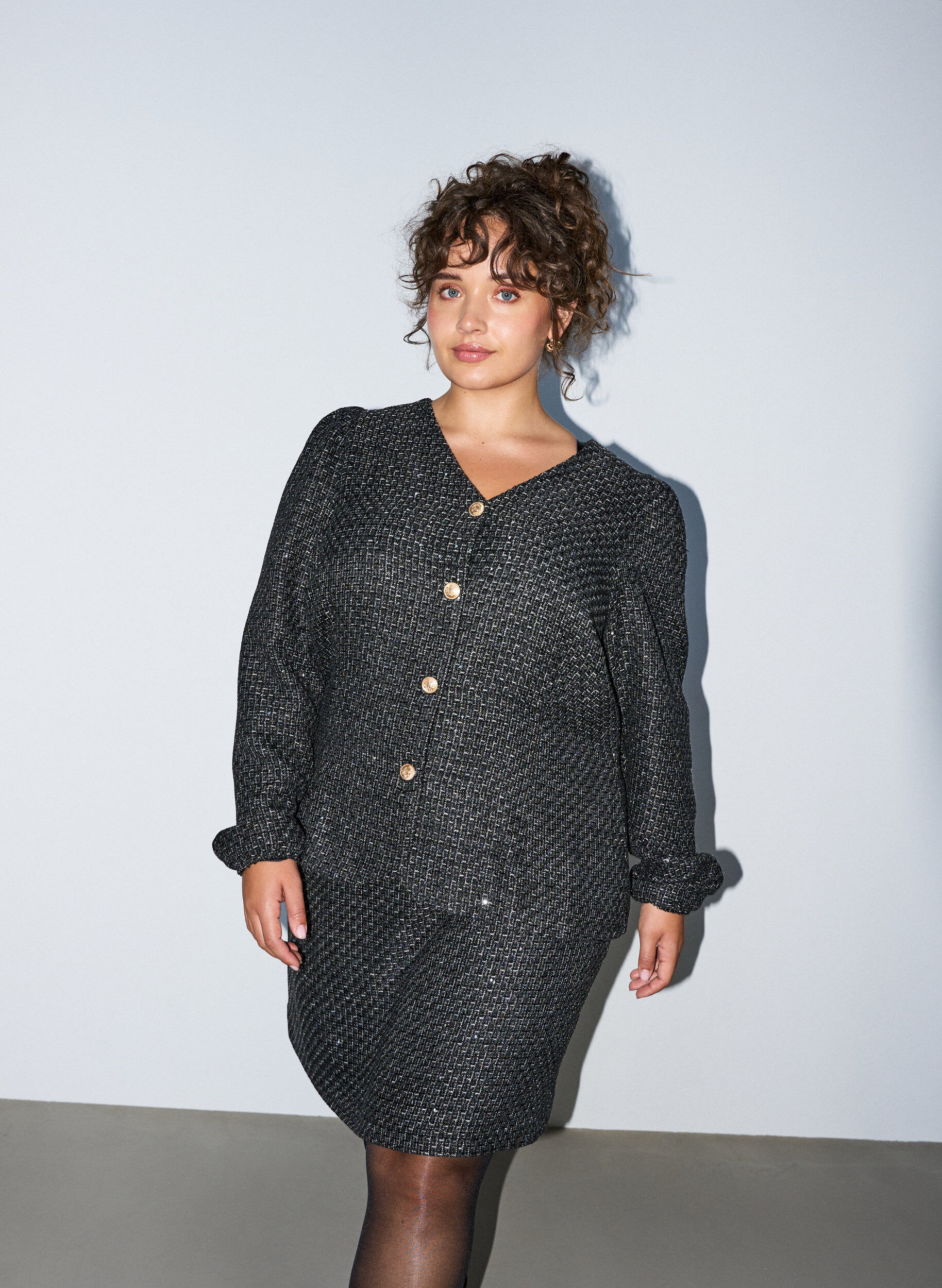 ZizzifashionBoucl&eacute; jacket with sequins and decorative buttons, Black, Model image number 0