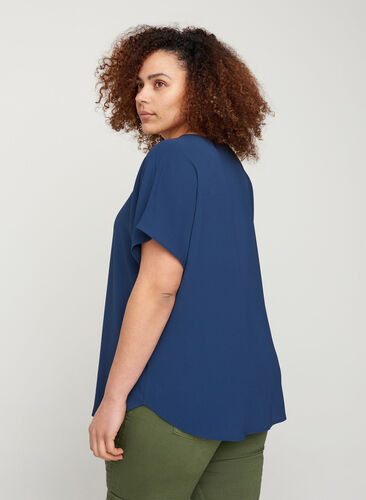 Blouse with short sleeves and a round neckline, Mood Indigo, Model image number 1