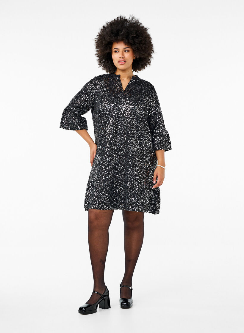 Sequin dress with a V-neck and 3/4 sleeves, Black w. Sequins, Model image number 2