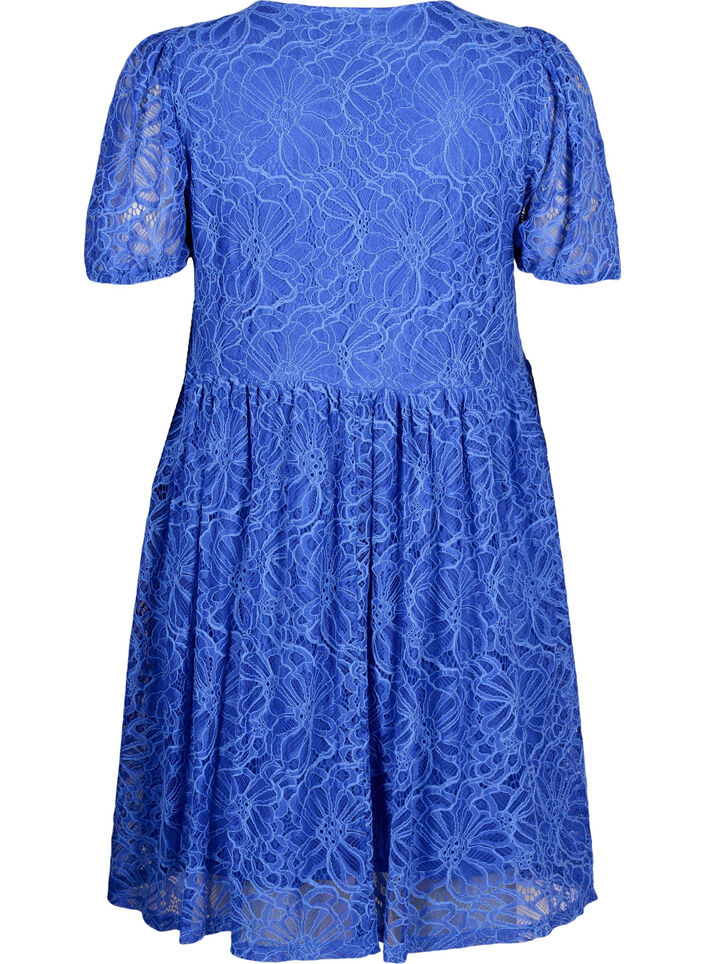 Short-sleeved lace dress with v-neck, Dazzling Blue, Packshot image number 1