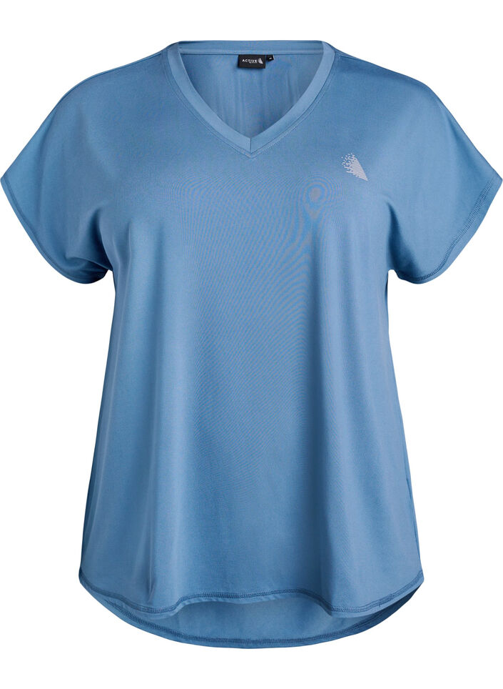 Short-sleeved workout t-shirt with v-neck, Petrol, Packshot image number 0