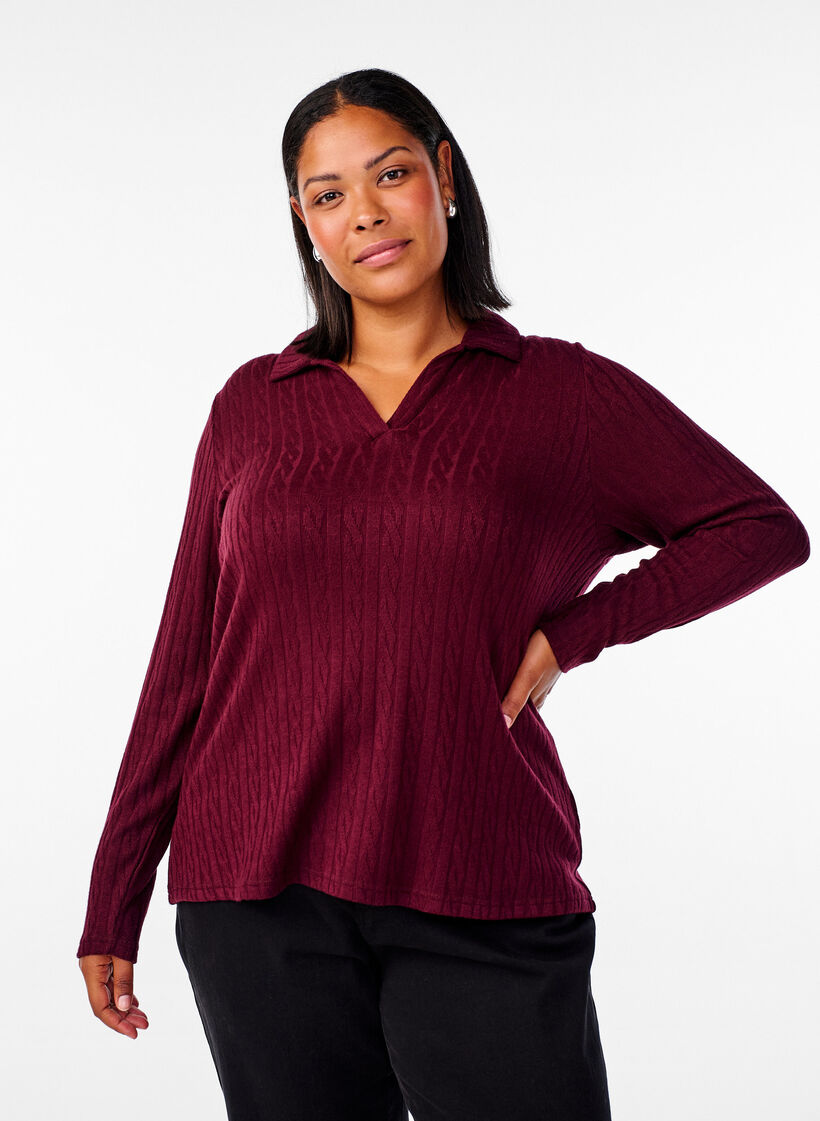 Jersey blouse with collar and cable pattern, Dark Bordeaux, Model image number 0