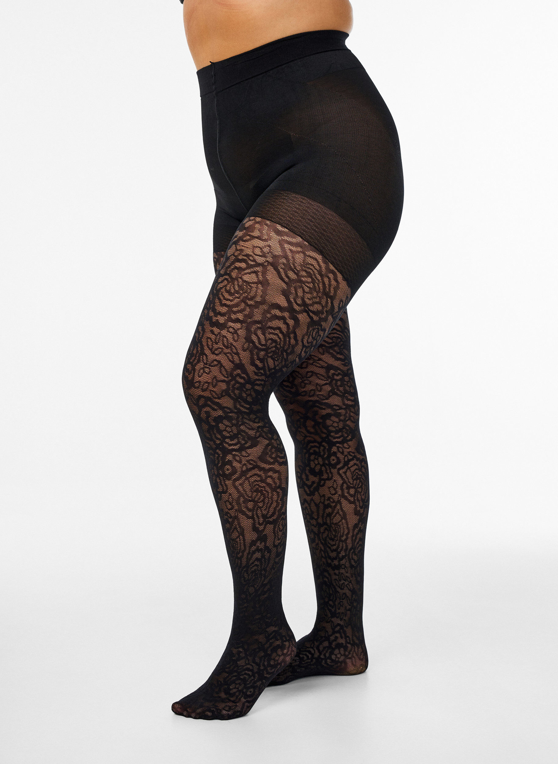 70 denier push-up tights with rose pattern, Black, Model