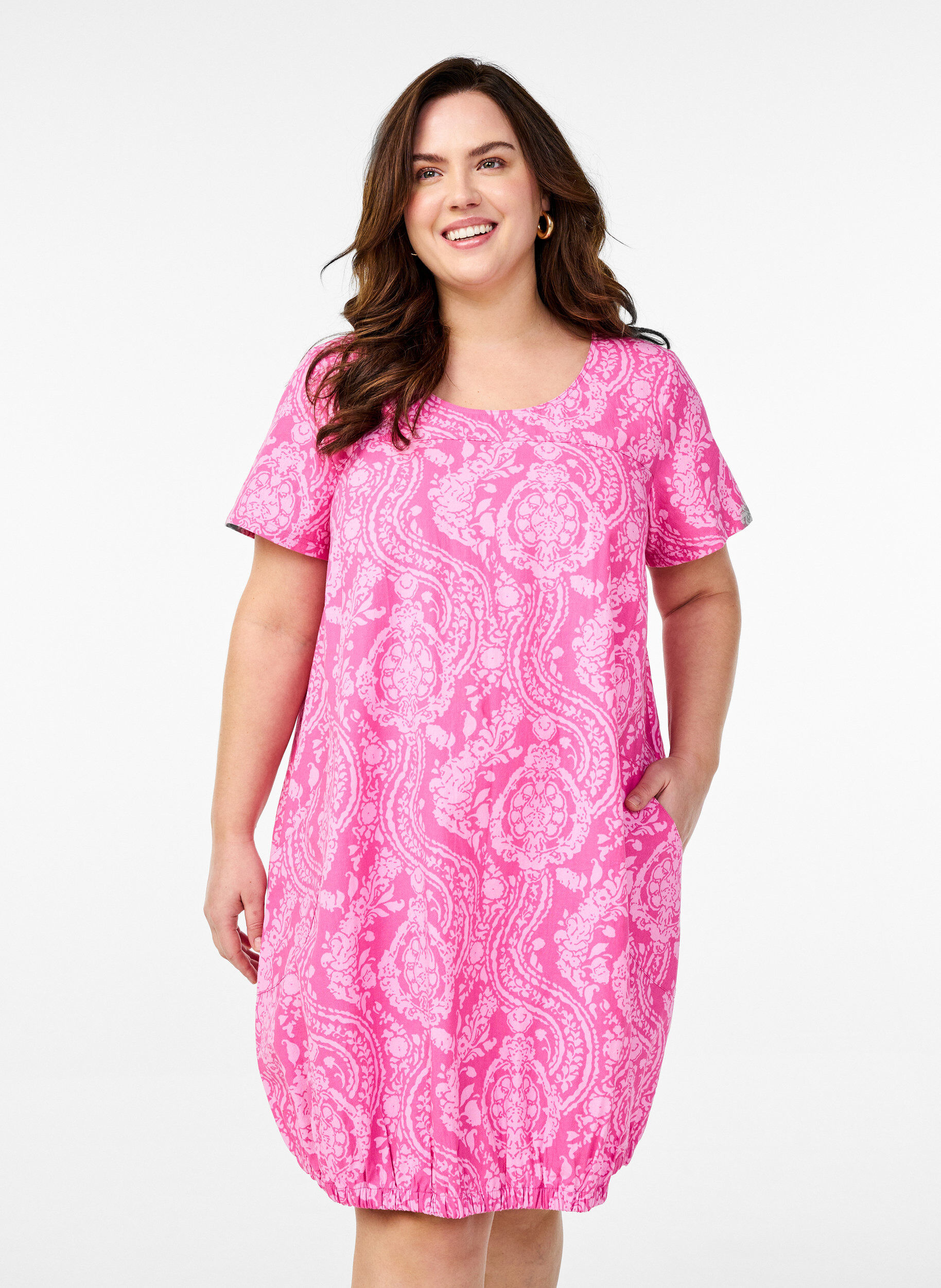 Short-sleeved cotton dress with print, Pink, Model