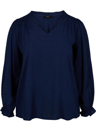 Long-sleeved blouse with smock and ruffle details, Navy Blazer, Packshot image number 0