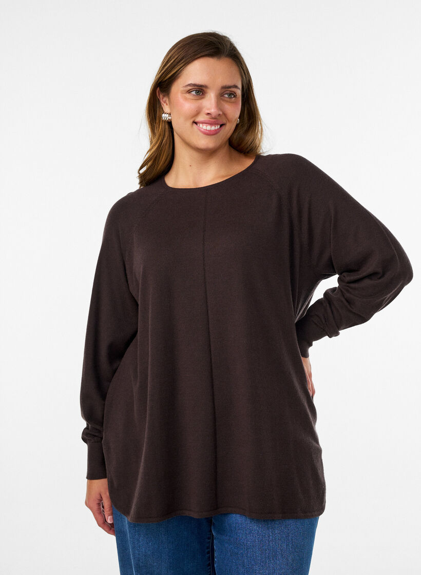Knitted blouse with round neck and knitted pattern, Brown, Model image number 0