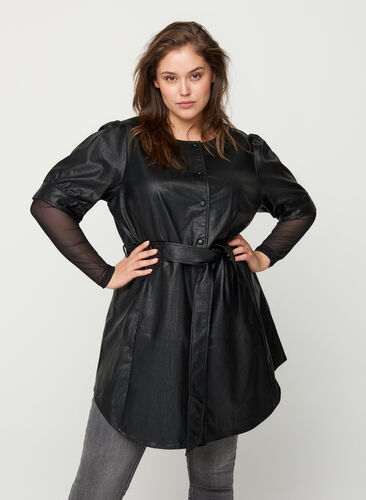 Imitation leather tunic with a waist tie, Black, Model image number 0