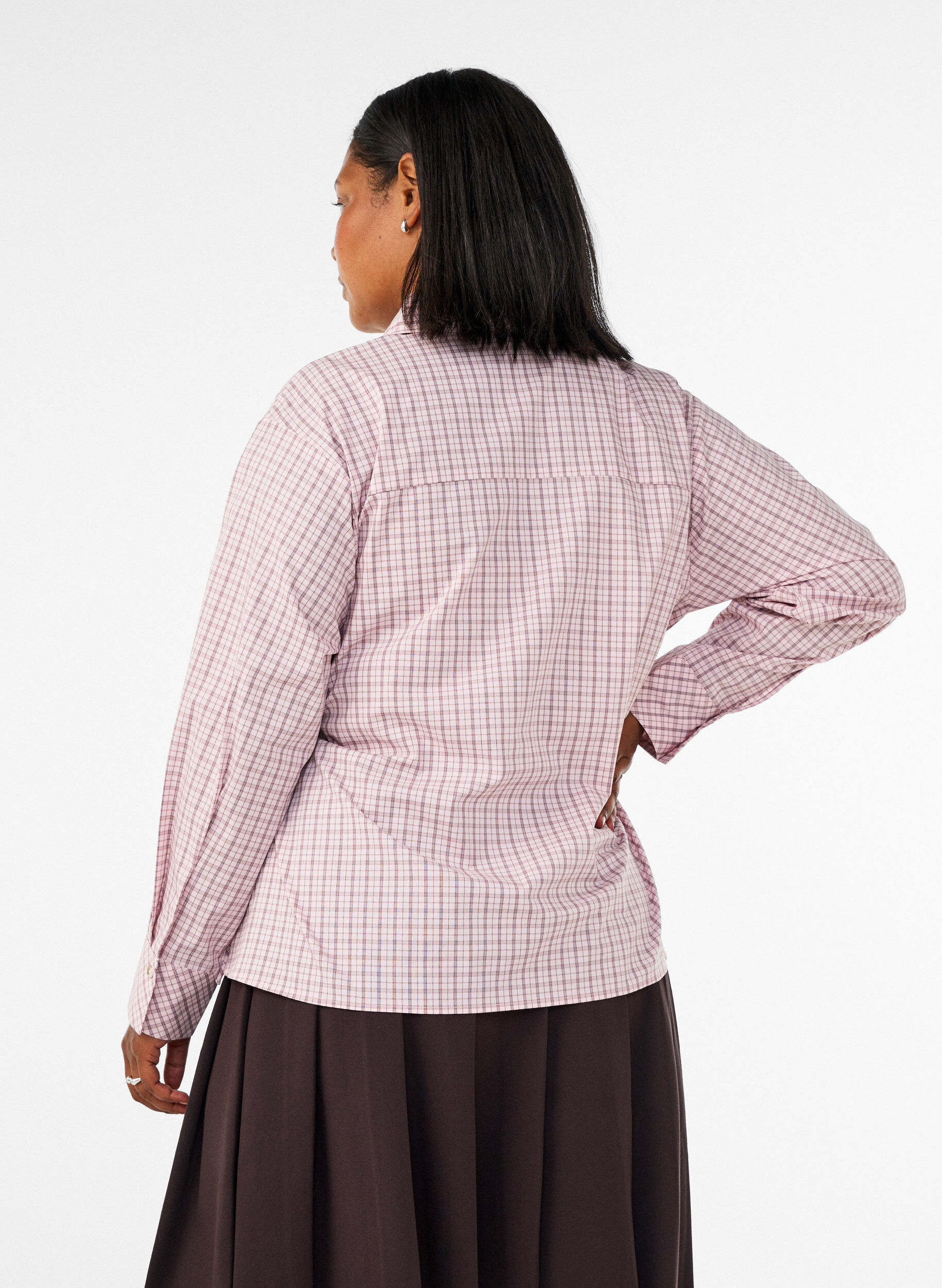 ZizzifashionLoose checked shirt with a tie-belt, Rose, Model image number 2