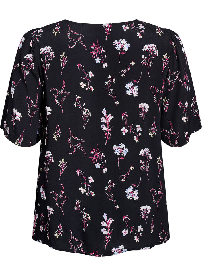 Floral blouse with short sleeves, Black, Packshot image number 1