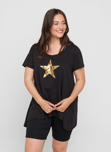 Short-sleeved cotton t-shirt with a-line, Black STAR, Model image number 0