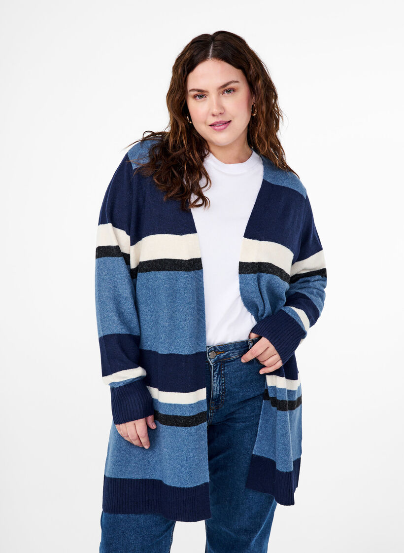 Long knit cardigan with wide stripes, Blue, Model image number 0