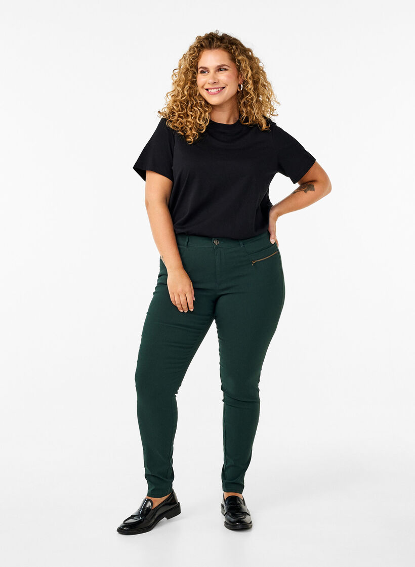 Close-fitting trousers with zipper details, Green, Model image number 0