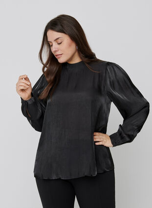 Long-sleeved shiny blouse, Black, Model image number 0
