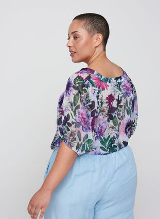 Floral blouse with 2/4-length sleeves, Purple Flower mix, Model image number 1