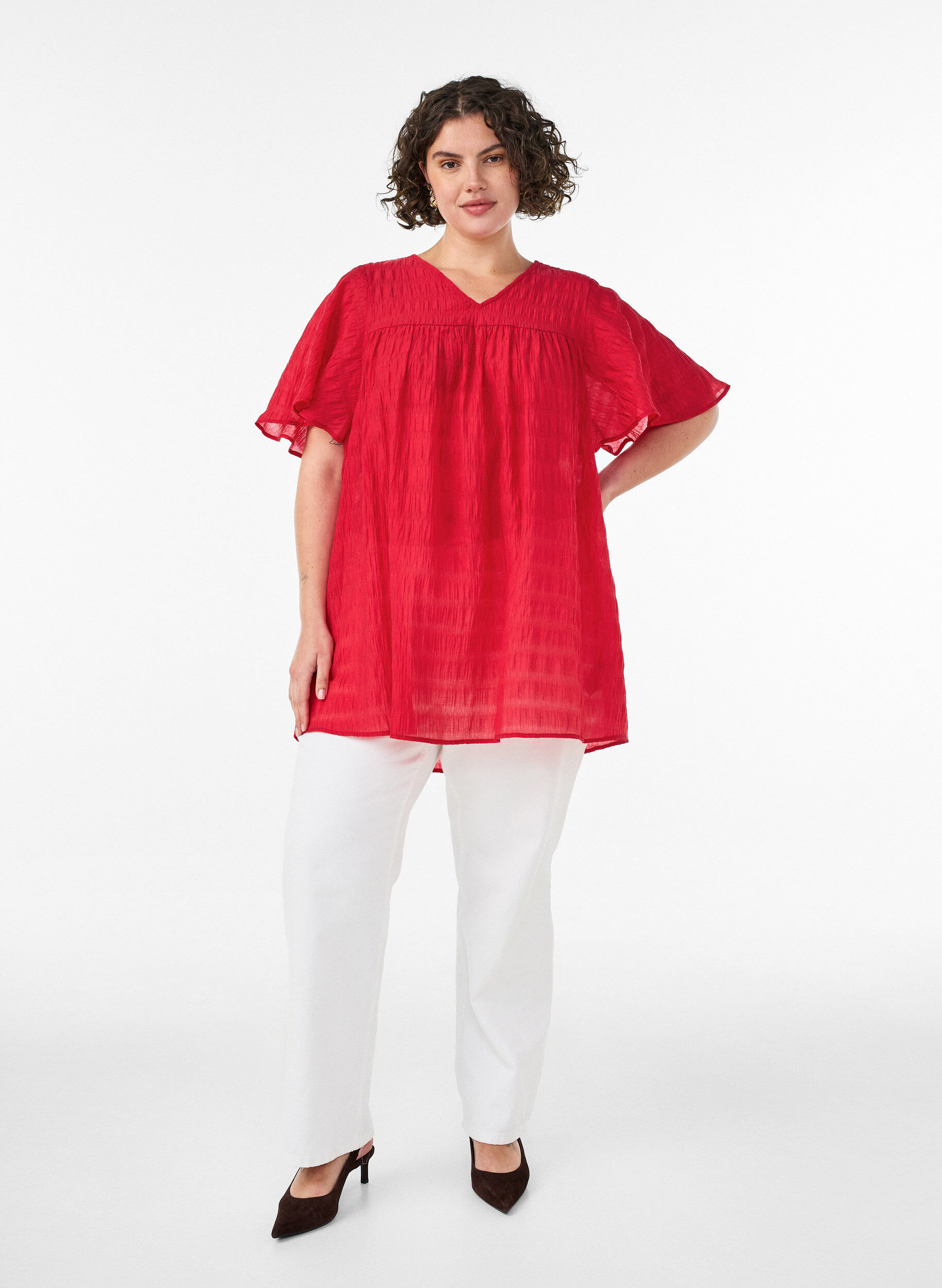 Zizzifashion Tunic in lyocell with flutter sleeves, Red, Model image number 1