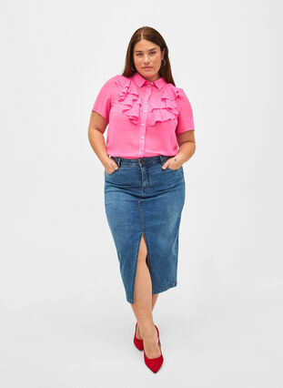 Short sleeve shirt blouse with ruffles, Pink Power, Model image number 2