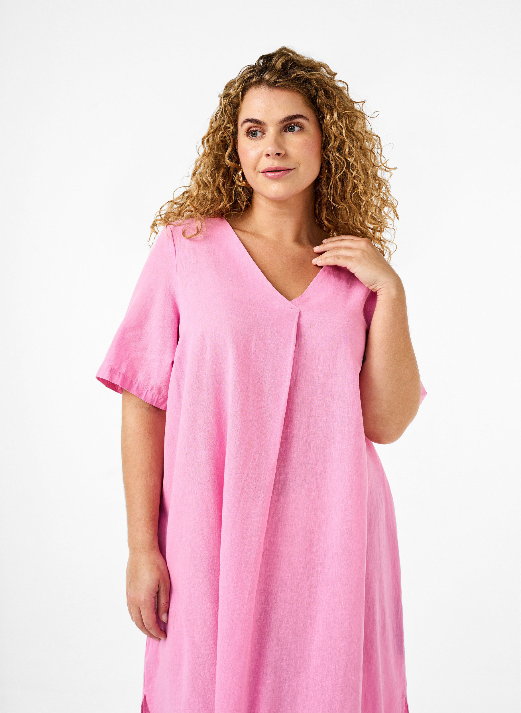 Zizzifashion Cotton blend kaftan dress with linen, Pink, Model image number 2