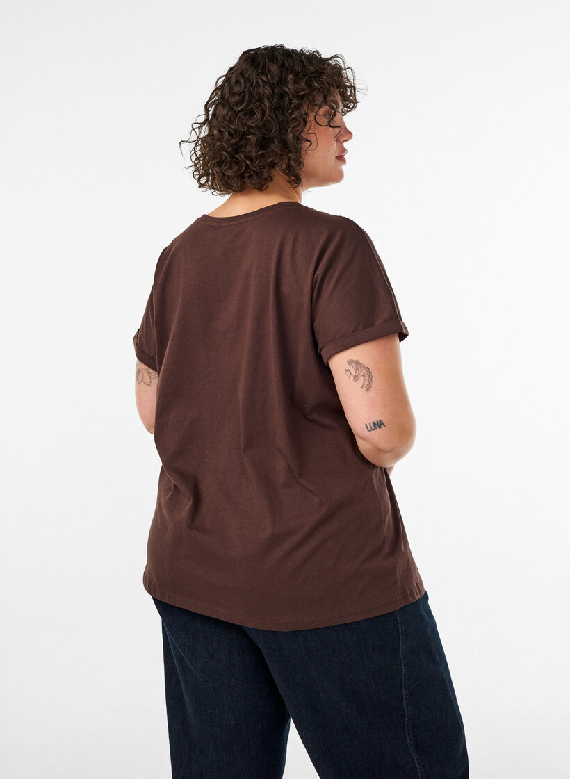 Cotton T-shirt with floral print, Brown, Model image number 2