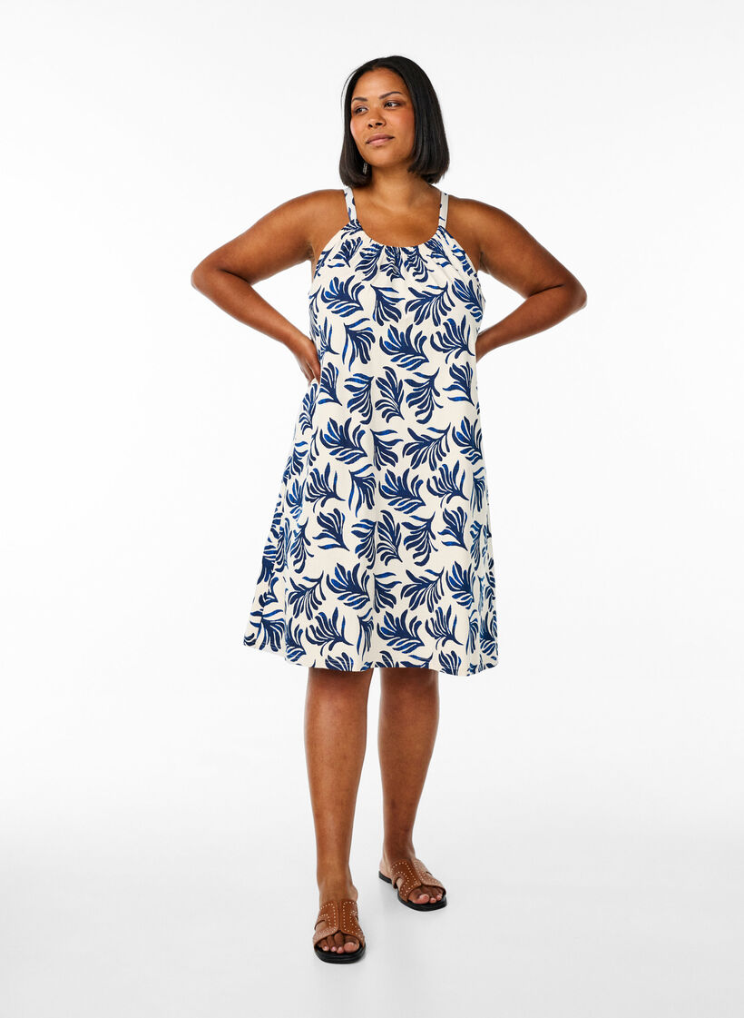 Knee-length strap dress in organic cotton, White, Model image number 1