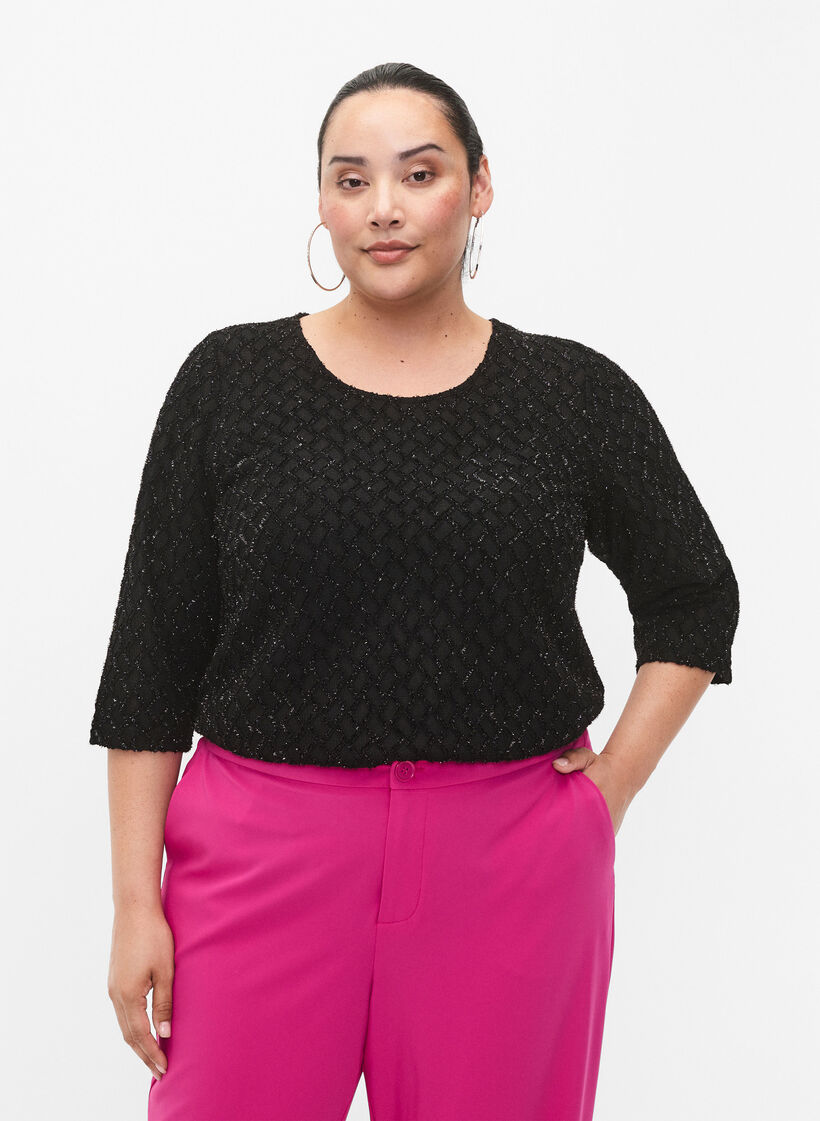 Patterned blouse with 3/4 sleeves and glitter, Black, Model image number 0