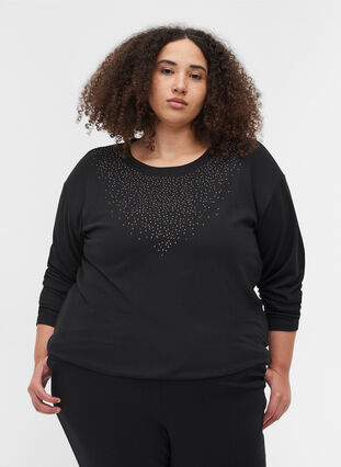 Long -sleeved blouse with glitter, Black, Model image number 0