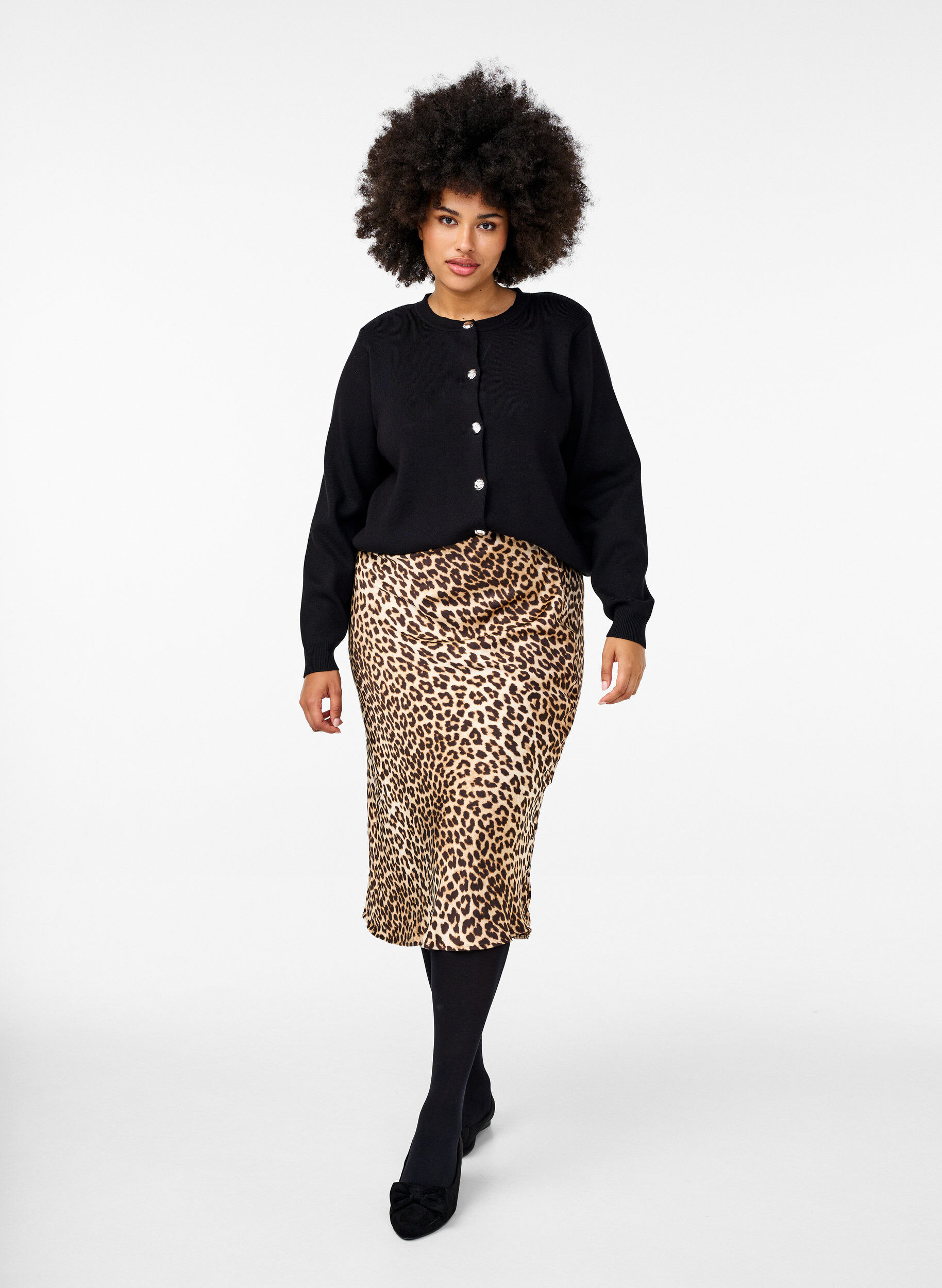 Zizzifashion Satin midi skirt with leopard print, Leo AOP, Model image number 0