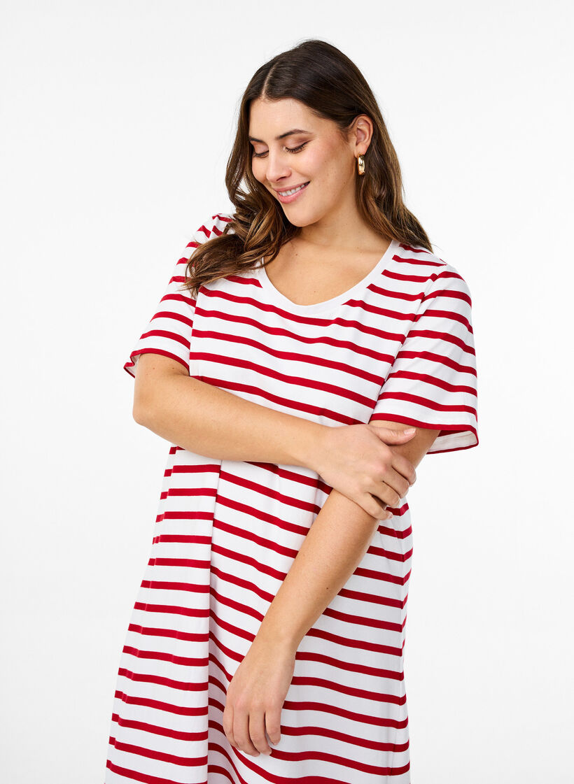Striped jersey dress with short sleeves, Red, Model image number 2