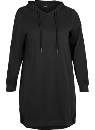 Cotton sweat dress with a hood, Black Solid, Packshot image number 0