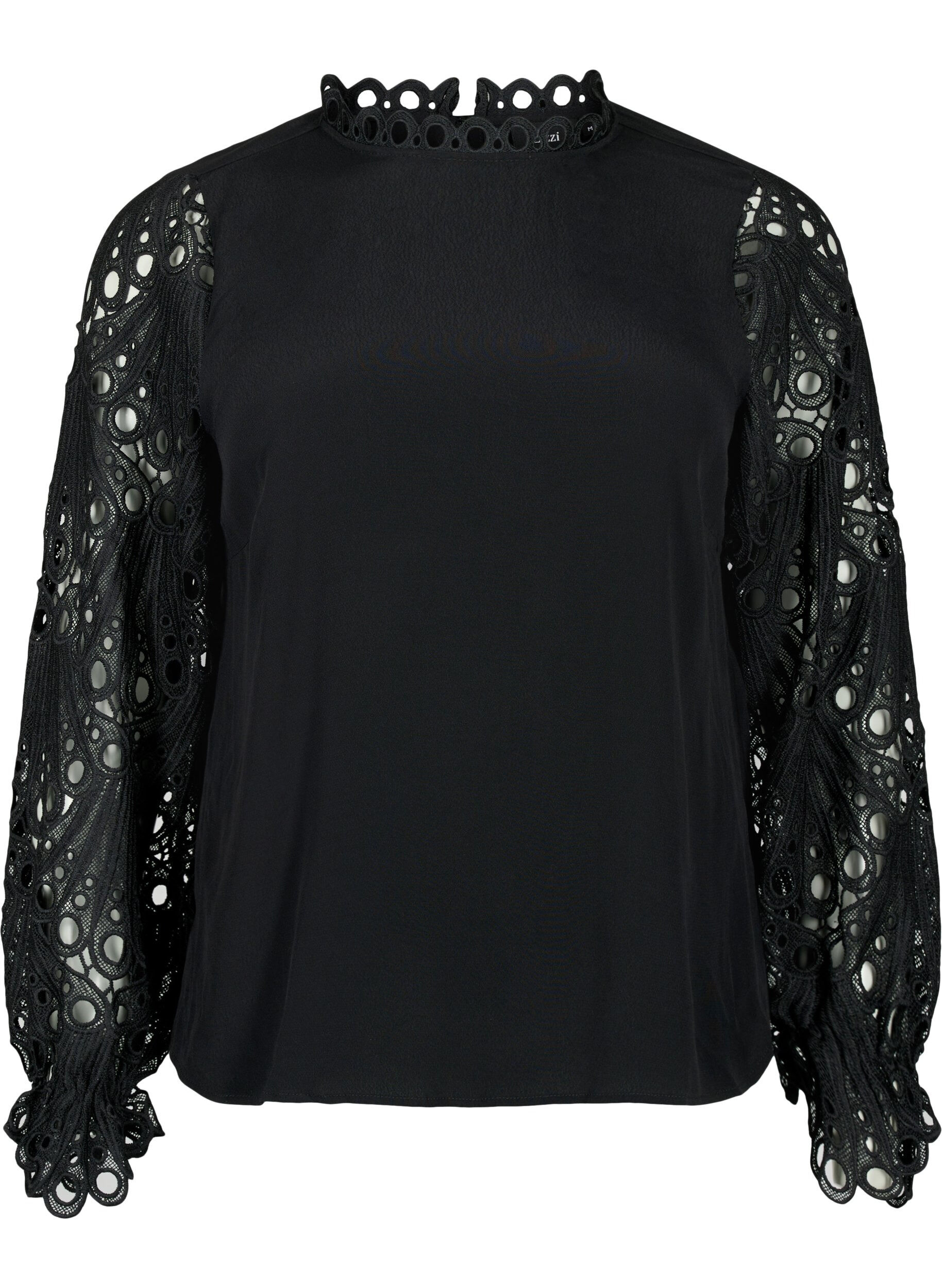 Zizzifashion Viscose blouse with crochet sleeves, Black, Packshot image number 0