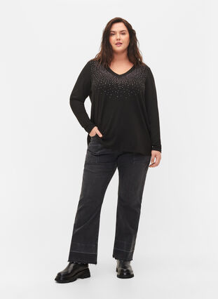 Top with similiste and long sleeves, Black, Model image number 2