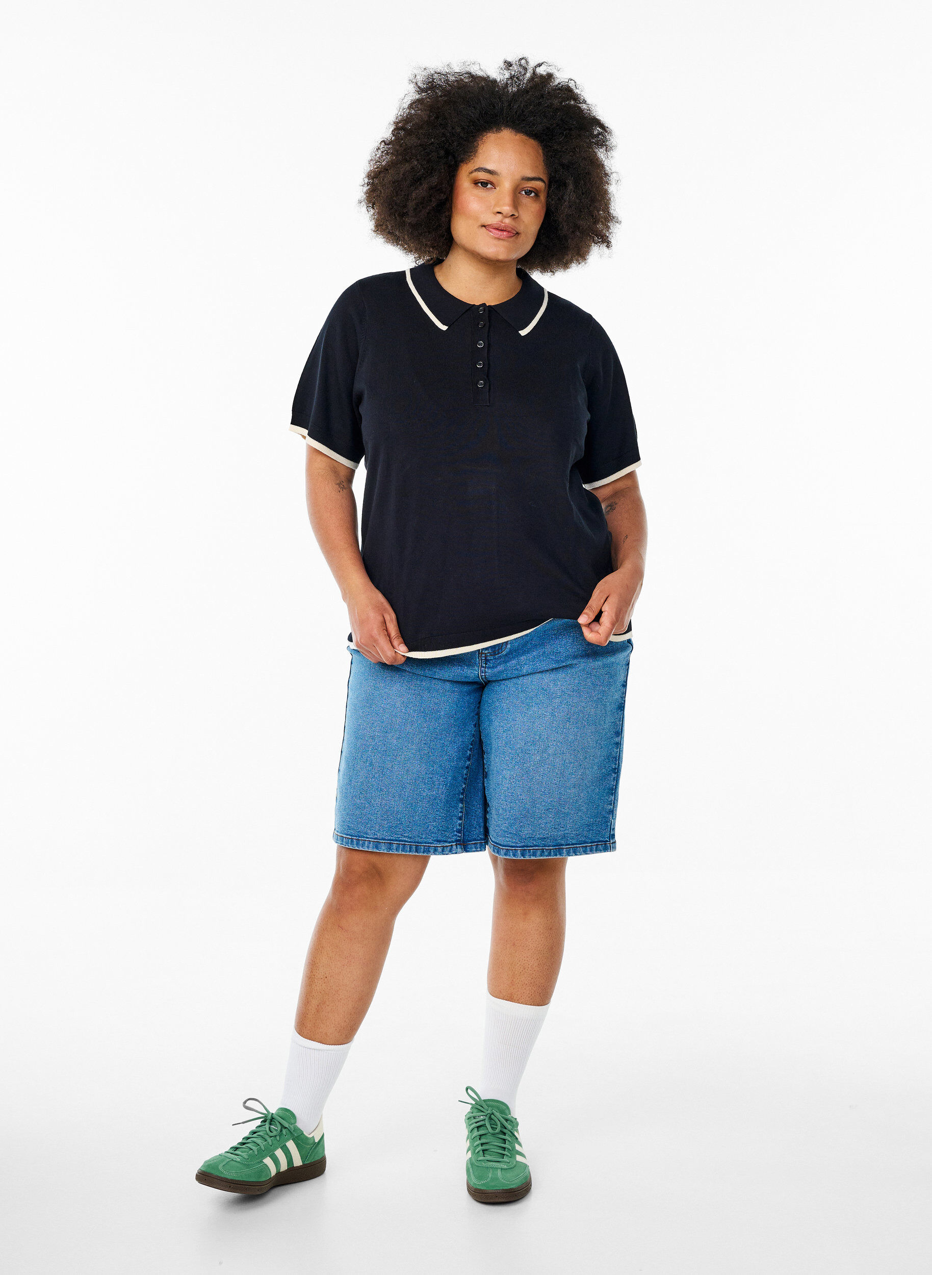 Zizzifashion Fine-knit polo shirt with contrast trim, Black, Model image number 1