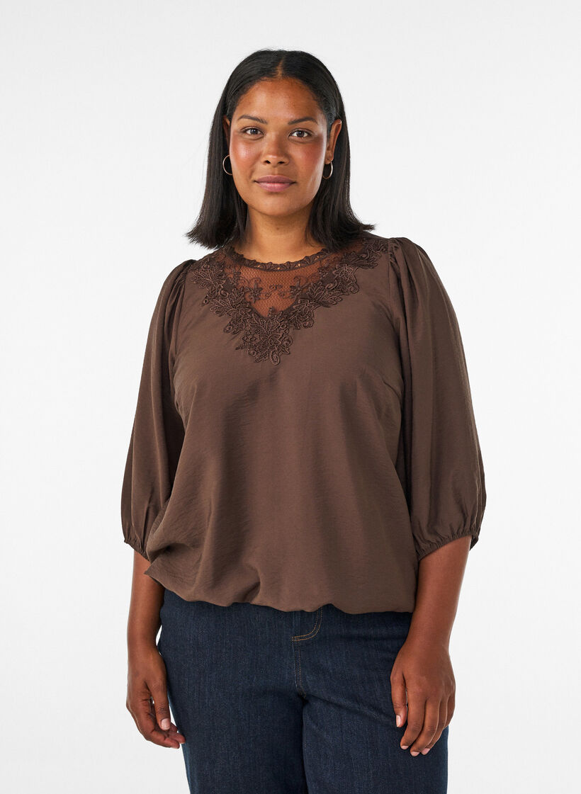 Blouse with 3/4 sleeves and lace details, Brown, Model image number 0