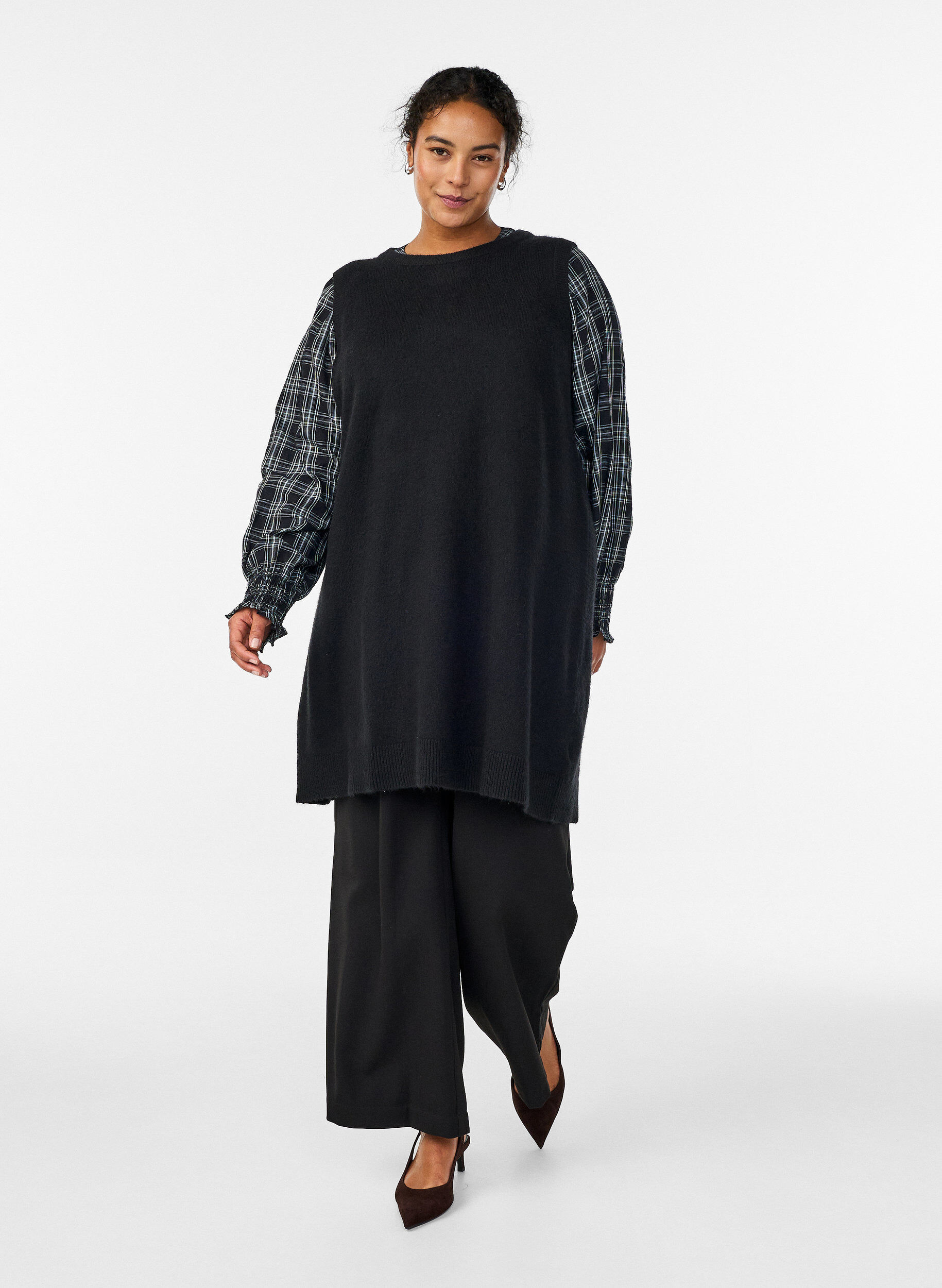 ZizzifashionShort sleeveless knitted dress, Black, Model image number 1