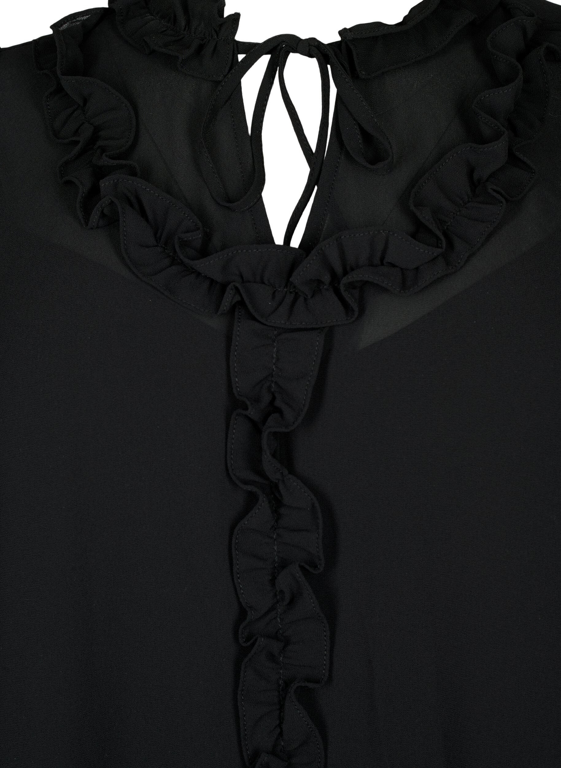 Zizzifashion Chiffon dress with A-cut and ruffle details, Black, Packshot image number 2