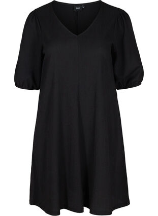 Dress with puff sleeves and V-neck, Black, Packshot image number 0