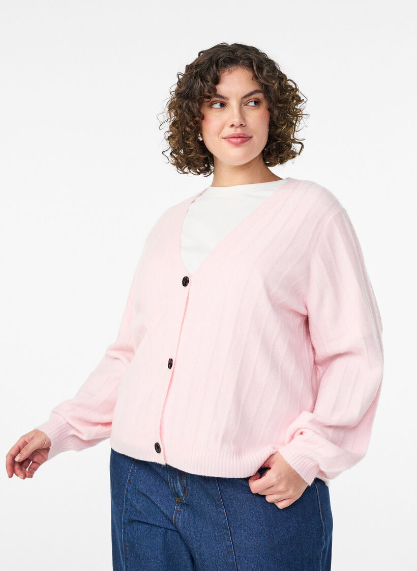 Cardigan with a ribbed texture and balloon sleeves, Pink, Model image number 0