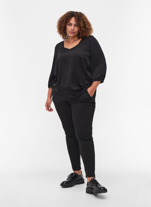 A-line, v-neck blouse with 3/4 balloon sleeves, Black, Model image number 2