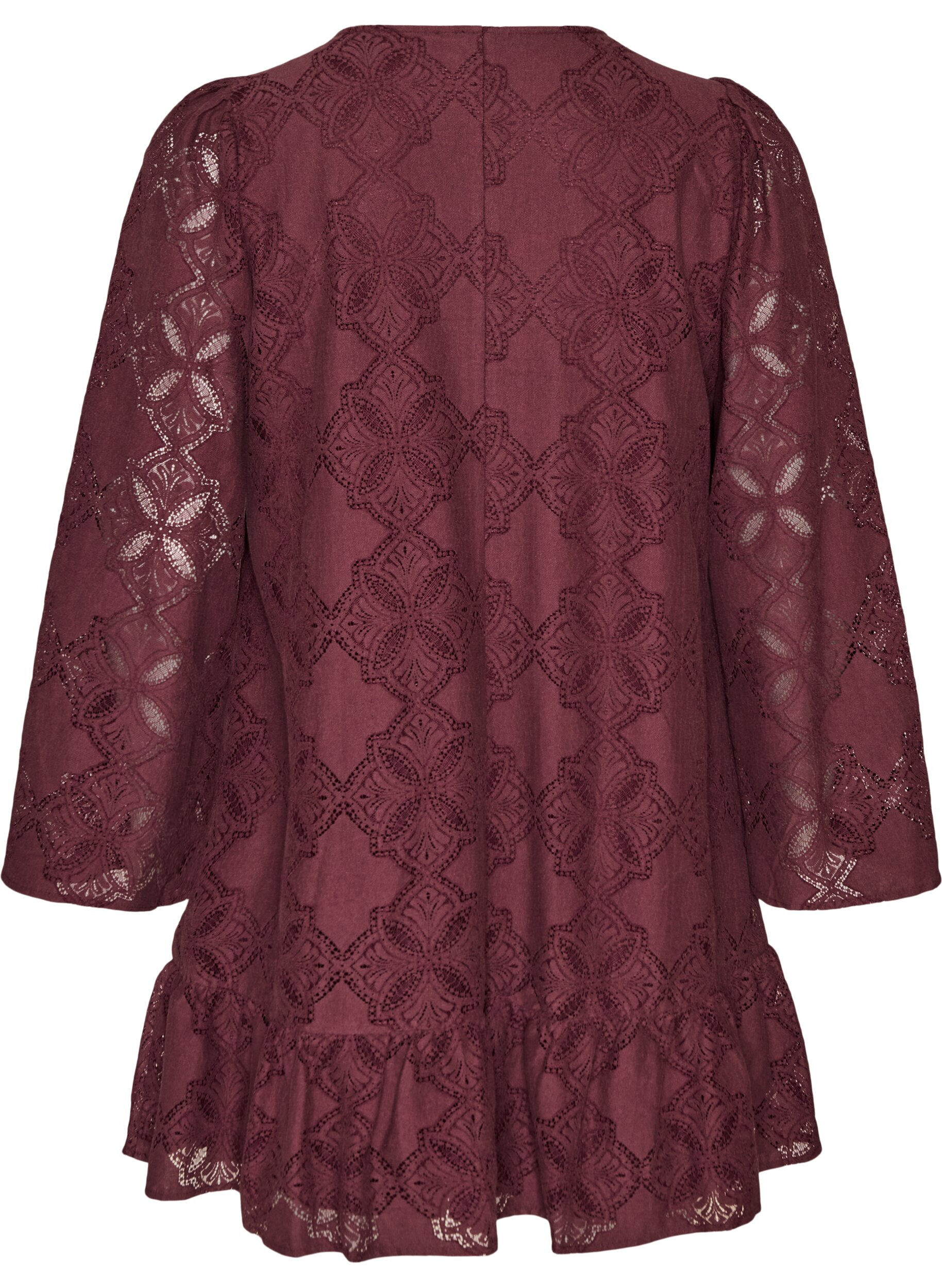 ZizzifashionLace dress with long sleeves and ruffle hem, Dark Bordeaux, Packshot image number 1