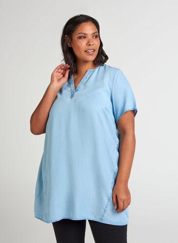 Short-sleeved lyocell tunic, LIGHT BLUE WASH, Model image number 0